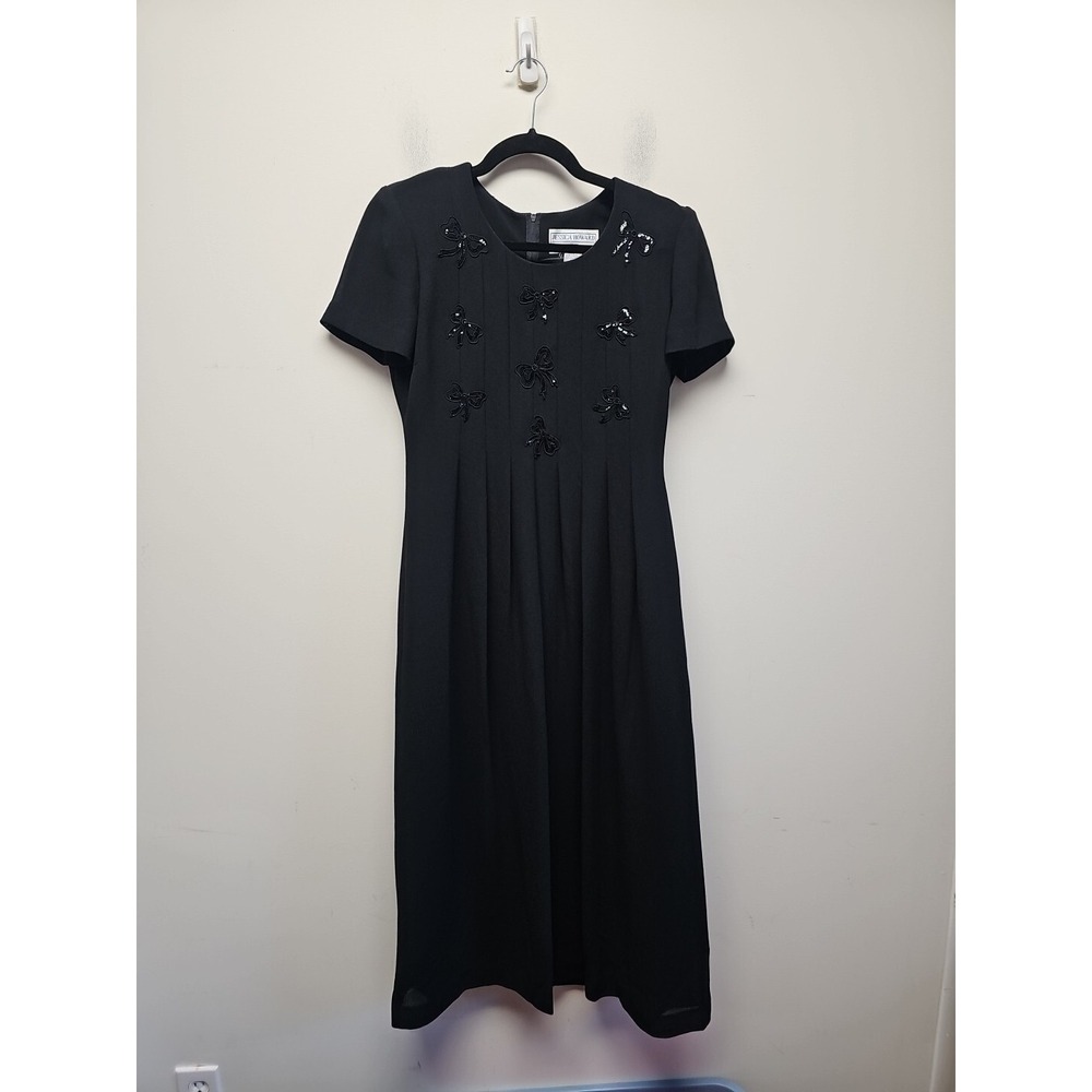 Jessica Howard Vintage Black Midi Dress Beaded Bows Pleated Short Sleeve Size 10